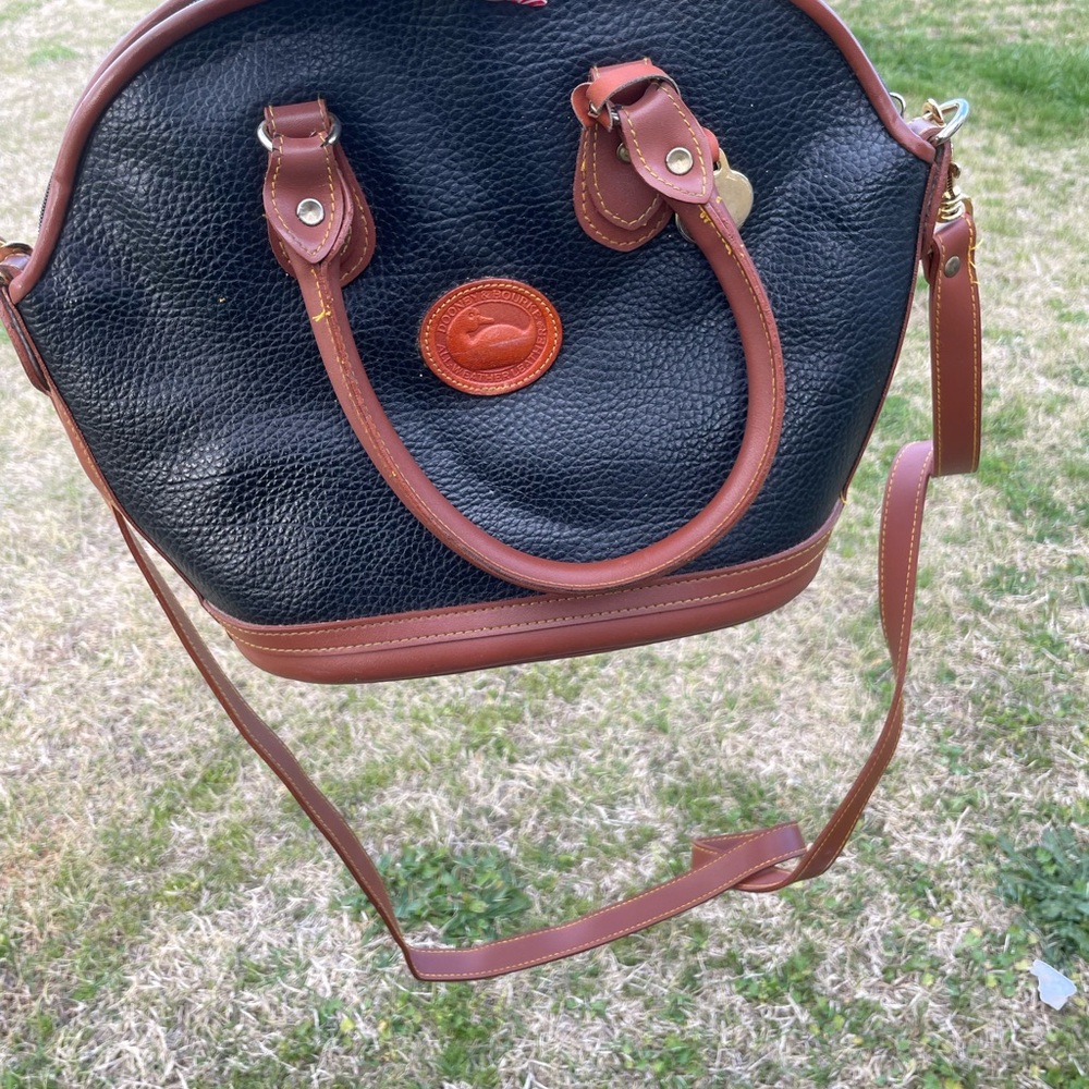 Dooney & Bourke Black Pebbled Leather Satchel with Brown Trim